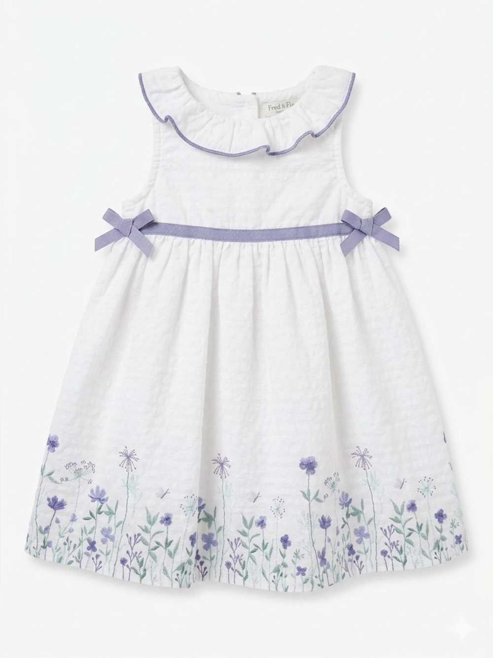 Fred & Flo White Pure Cotton Floral Dress Blue Trim 18-24M